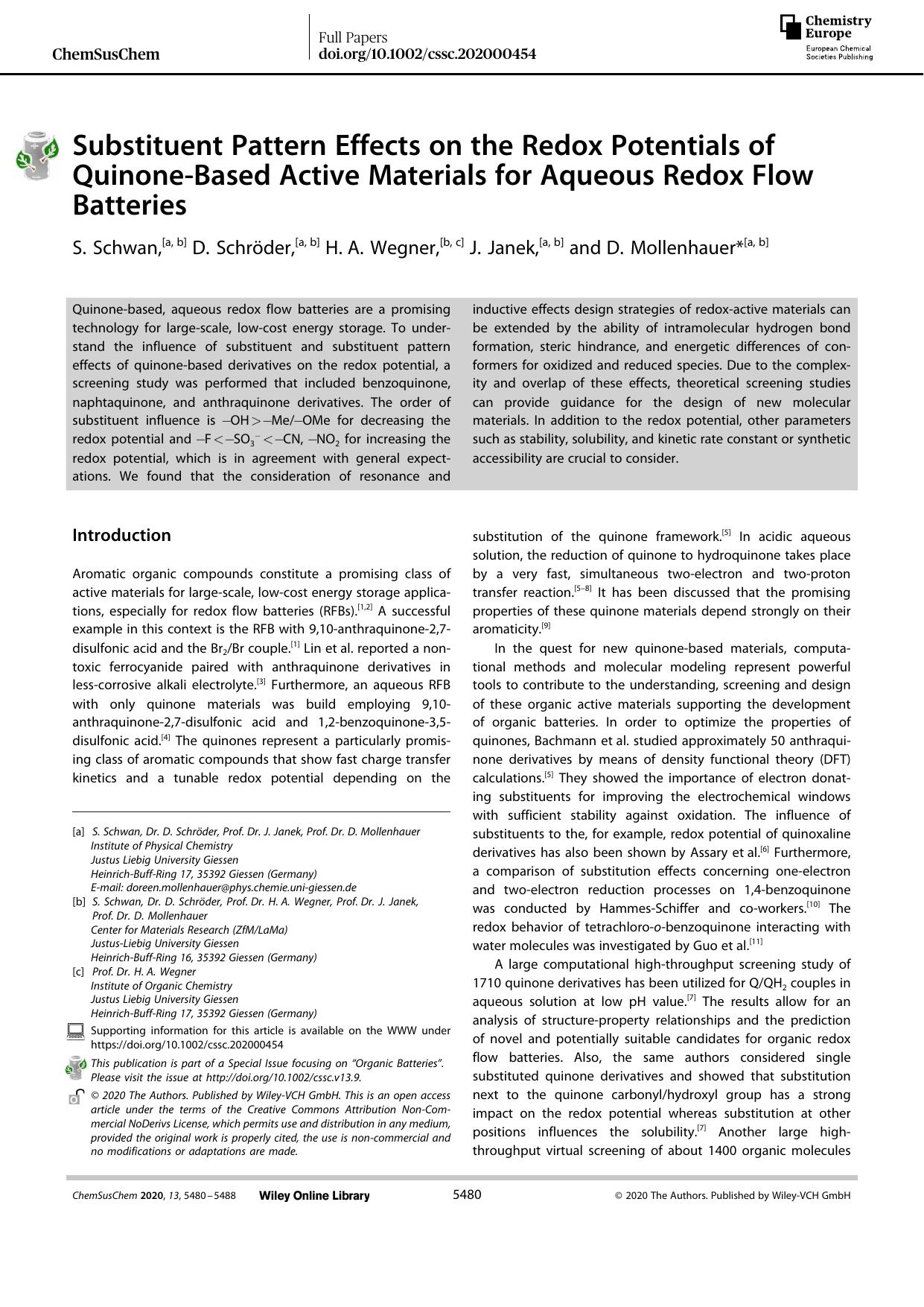 Substituent Pattern Effects on the Redox Potentials of QuinoneâBased Active Materials for Aqueous Redox Flow Batteries by Unknown