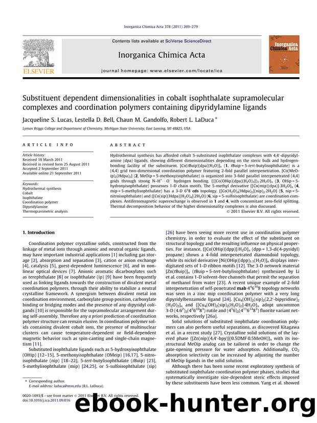 Substituent dependent dimensionalities in cobalt isophthalate supramolecular complexes and coordination polymers containing dipyridylamine ligands by Jacqueline S. Lucas & Lestella D. Bell & Chaun M. Gandolfo & Robert L. LaDuca