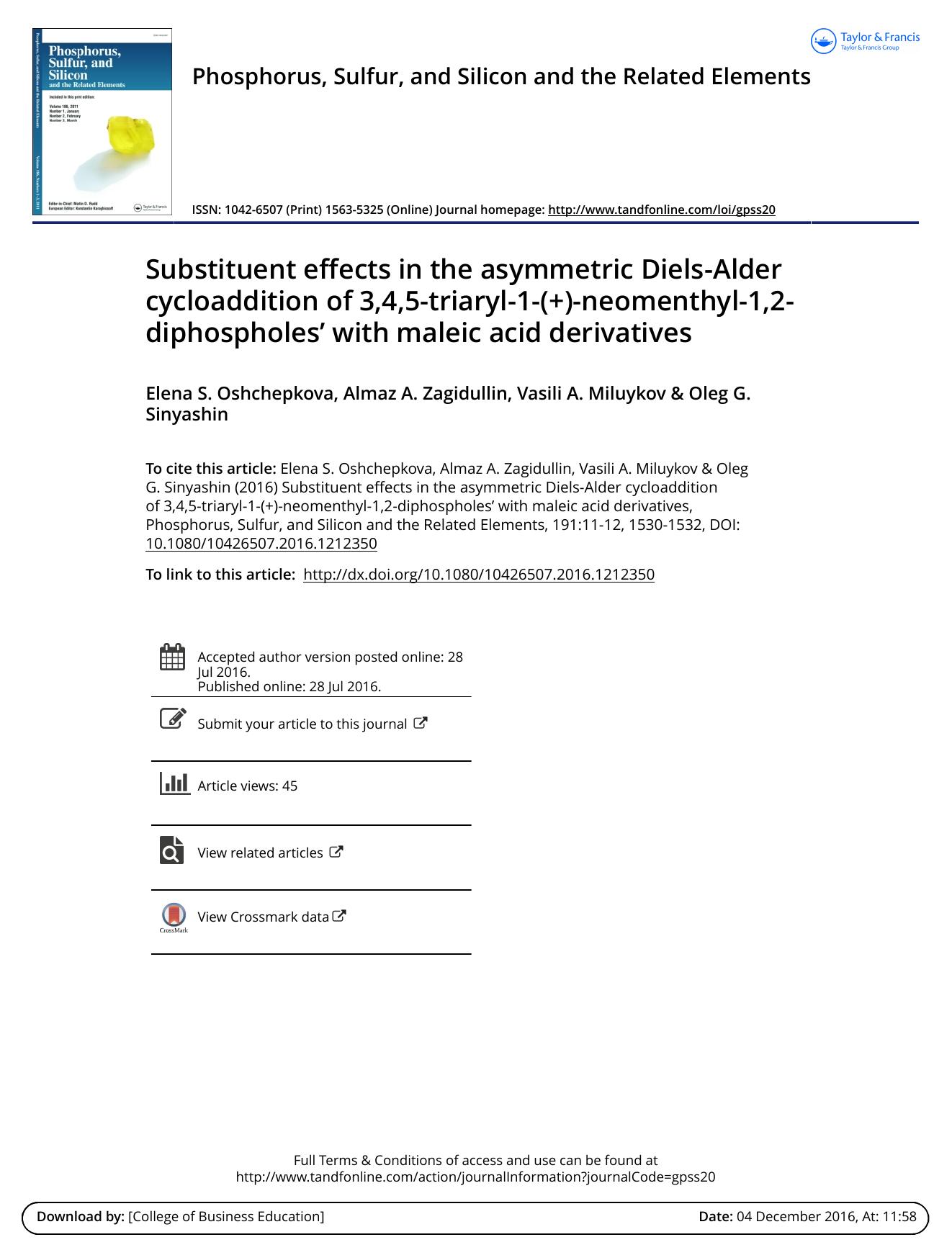 Substituent effects in the asymmetric Diels-Alder cycloaddition of 3,4,5-triaryl-1-(+)-neomenthyl-1,2-diphospholes' with maleic acid derivatives by Elena S. Oshchepkova & Almaz A. Zagidullin & Vasili A. Miluykov & Oleg G. Sinyashin