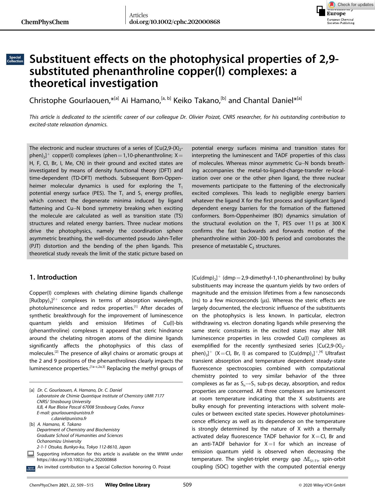 Substituent effects on the photophysical properties of 2,9âsubstituted phenanthroline copper(I) complexes: a theoretical investigation by Unknown