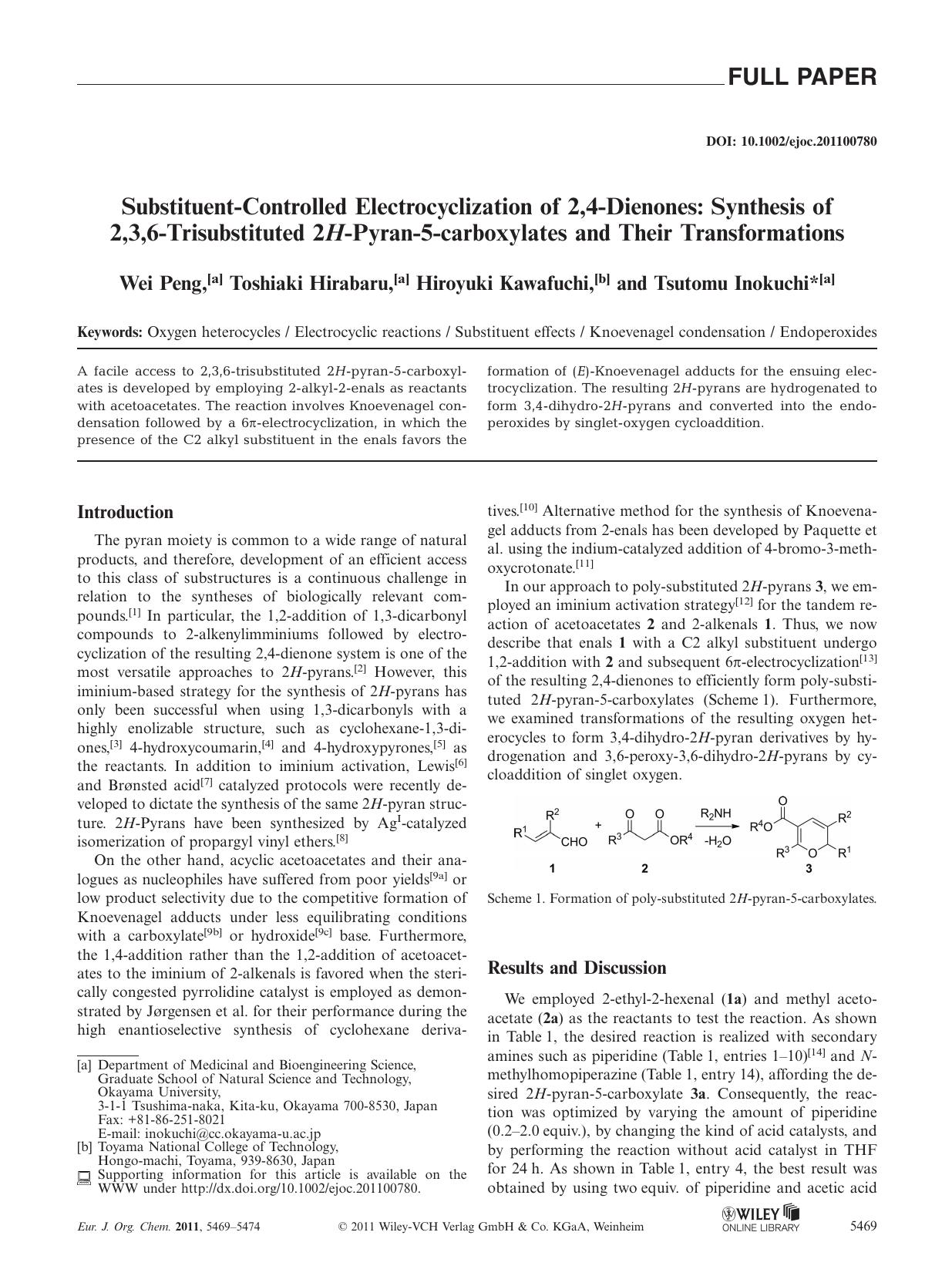 SubstituentControlled Electrocyclization of 2,4Dienones: Synthesis of 2,3,6Trisubstituted 2HPyran5carboxylates and Their Transformations by Unknown