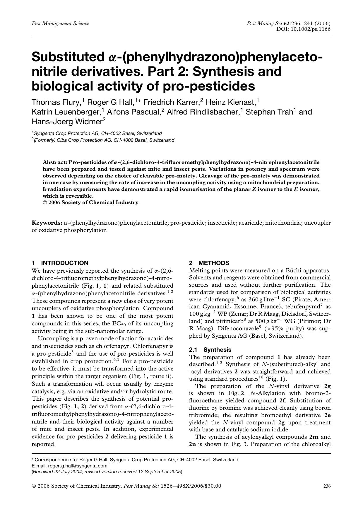 Substituted [alpha]-(phenylhydrazono)phenylacetonitrile derivatives. Part 2: synthesis and biological activity of pro-pesticides by Unknown