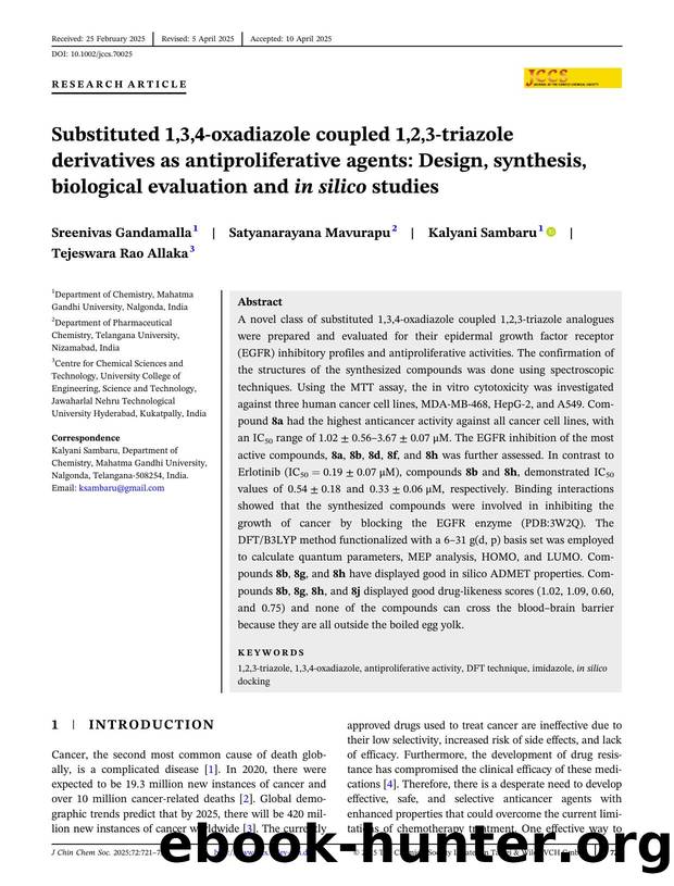 Substituted 1,3,4âoxadiazole coupled 1,2,3âtriazole derivatives as antiâproliferative agents: Design, synthesis, biological evaluation and insilico studies by Unknown