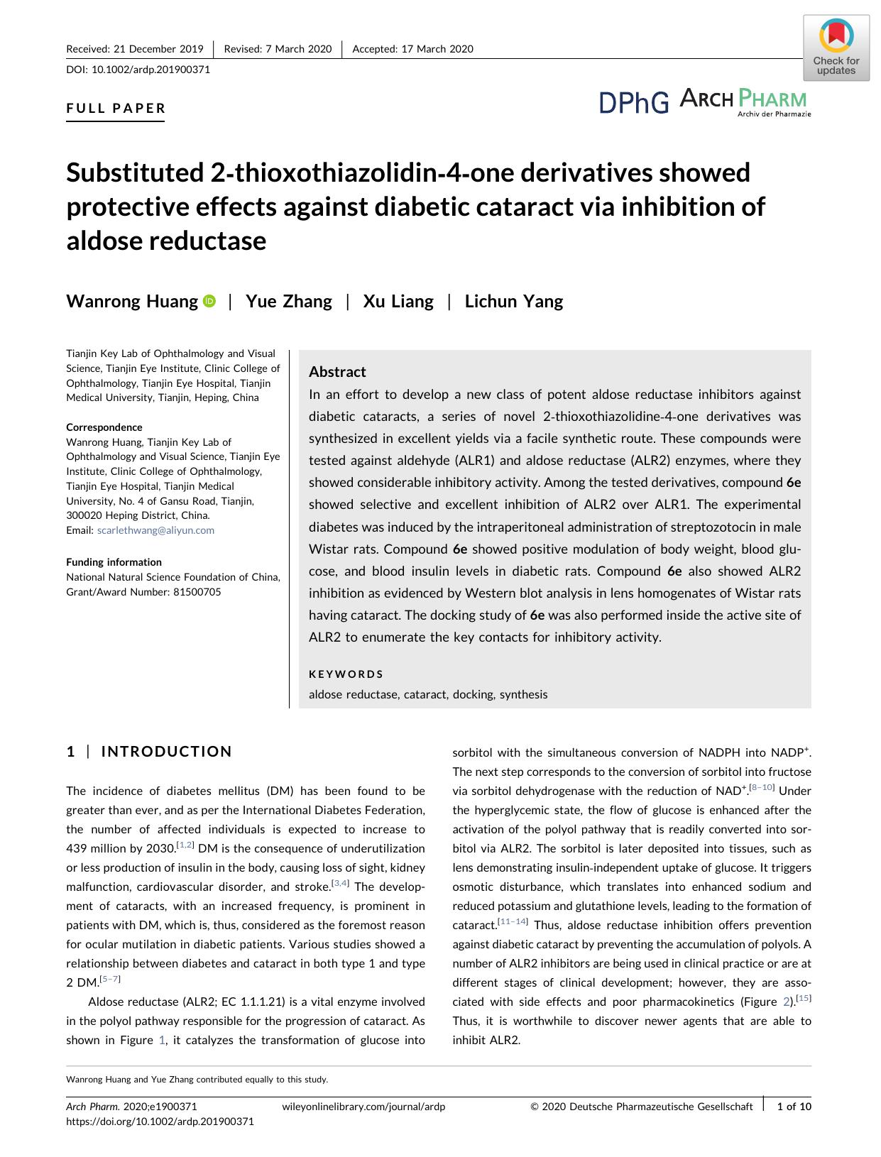 Substituted 2âthioxothiazolidinâ4âone derivatives showed protective effects against diabetic cataract via inhibition of aldose reductase by Unknown