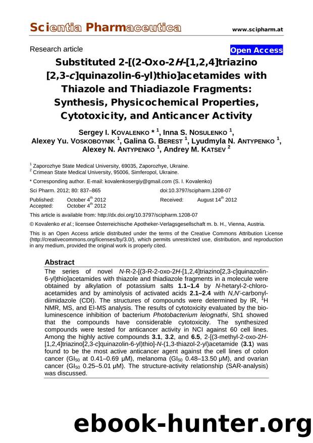 Substituted 2-[(2-Oxo-2H-[1,2,4]triazino [2,3-c]quinazolin-6-yl)thio]acetamides with Thiazole and Thiadiazole Fragments: Synthesis, Physicochemical Properties, Cytotoxicity, and Anticancer Activity by unknow