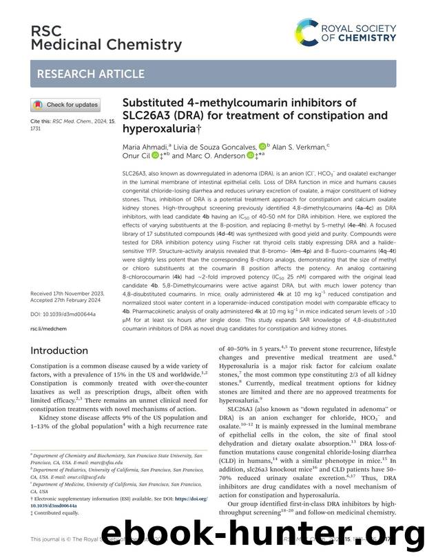 Substituted 4-methylcoumarin inhibitors of SLC26A3 (DRA) for treatment of constipation and hyperoxaluria by Maria Ahmadi & Livia de Souza Goncalves & Alan S. Verkman & Onur Cil & Marc O. Anderson