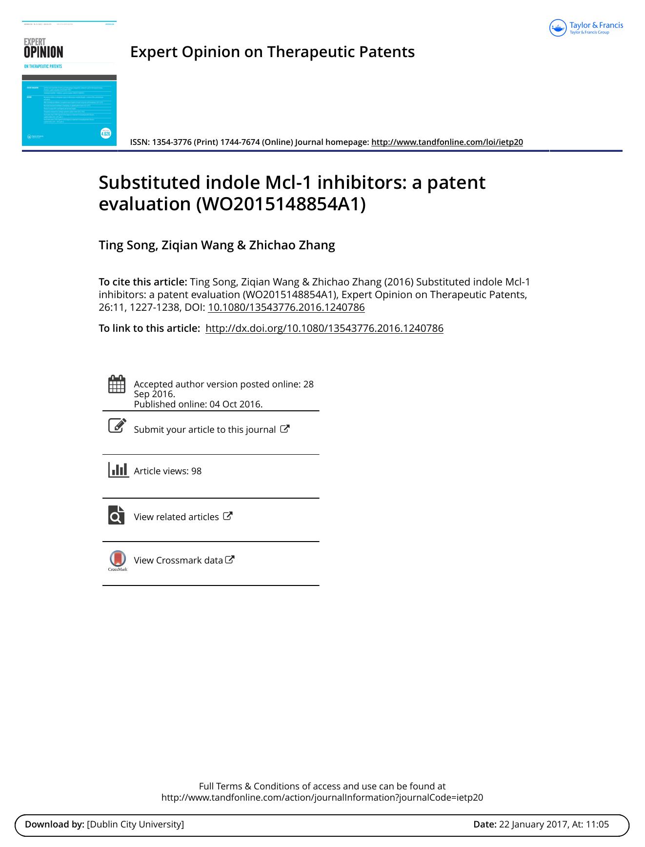 Substituted indole Mcl-1 inhibitors: a patent evaluation (WO2015148854A1) by Ting Song & Ziqian Wang & Zhichao Zhang