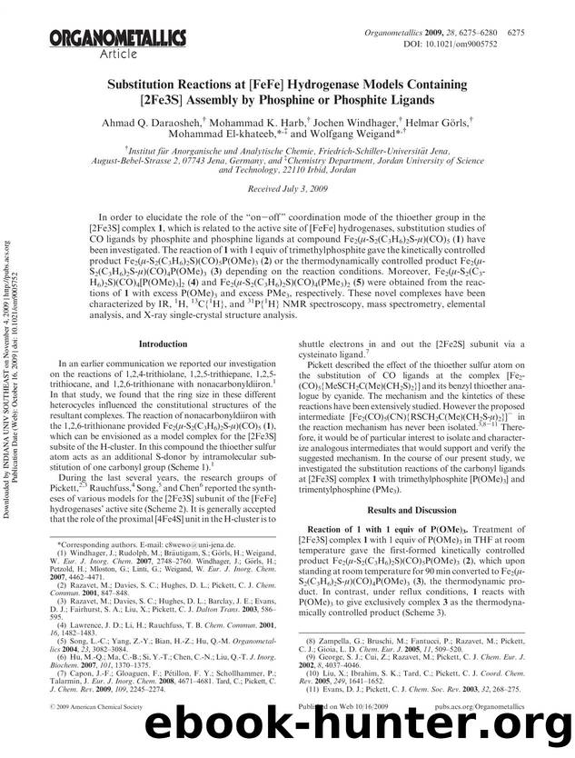 Substitution Reactions at [FeFe] Hydrogenase Models Containing [2Fe3S] Assembly by Phosphine or Phosphite Ligands by unknow