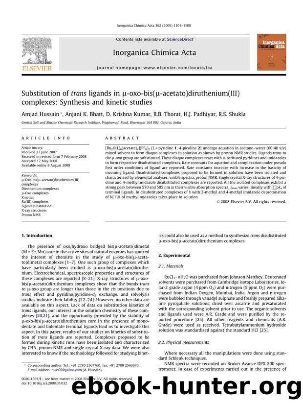 Substitution of trans ligands in Î¼-oxo-bis(Î¼-acetato)diruthenium(III) complexes: Synthesis and kinetic studies by Amjad Hussain; Anjani K. Bhatt; D. Krishna Kumar; R.B. Thorat; H.J. Padhiyar; R.S. Shukla
