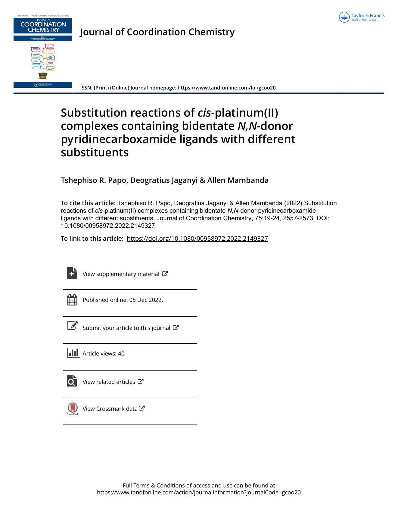 Substitution reactions of cis-platinum(II) complexes containing bidentate N,N-donor pyridinecarboxamide ligands with different substituents by Papo Tshephiso R. & Jaganyi Deogratius & Mambanda Allen