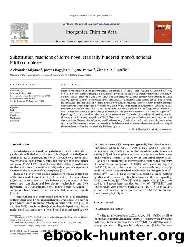 Substitution reactions of some novel sterically hindered monofunctional Pd(II) complexes by Aleksandar MijatoviÄ‡ & Jovana Bogojeski & Biljana Petrović & Živadin D. Bugarčić