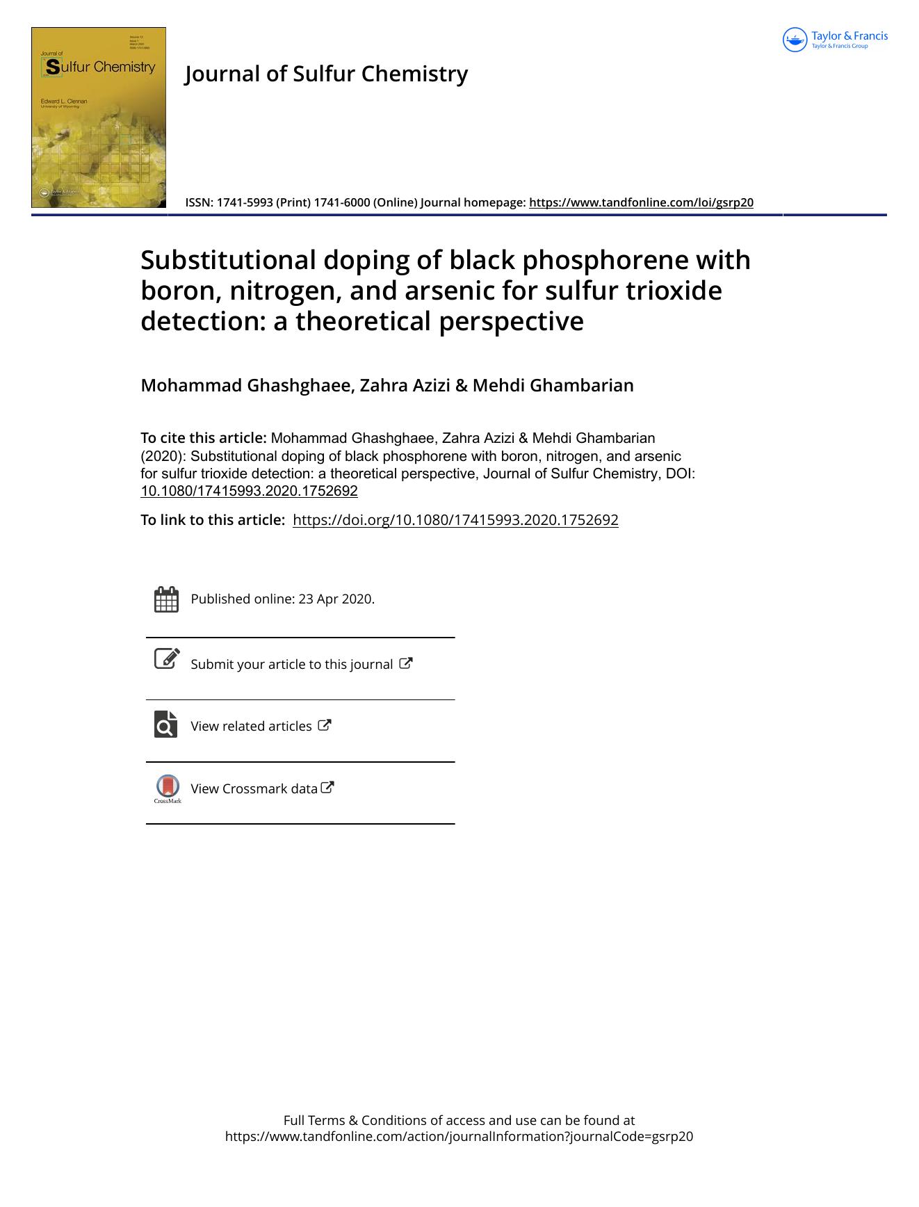 Substitutional doping of black phosphorene with boron, nitrogen, and arsenic for sulfur trioxide detection: a theoretical perspective by Mohammad Ghashghaee; Zahra Azizi; Mehdi Ghambarian