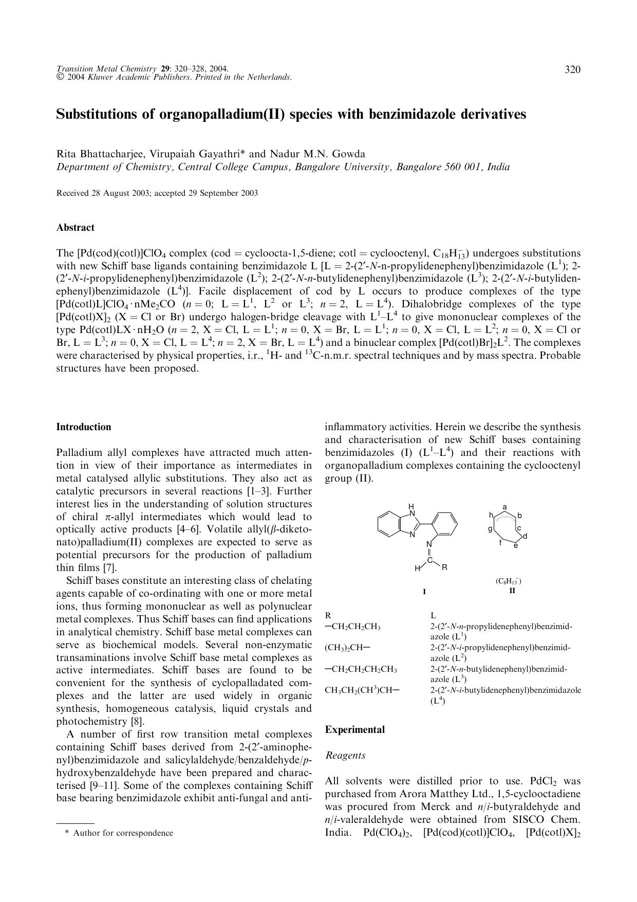 Substitutions of organopalladium(II) species with benzimidazole derivatives by Unknown