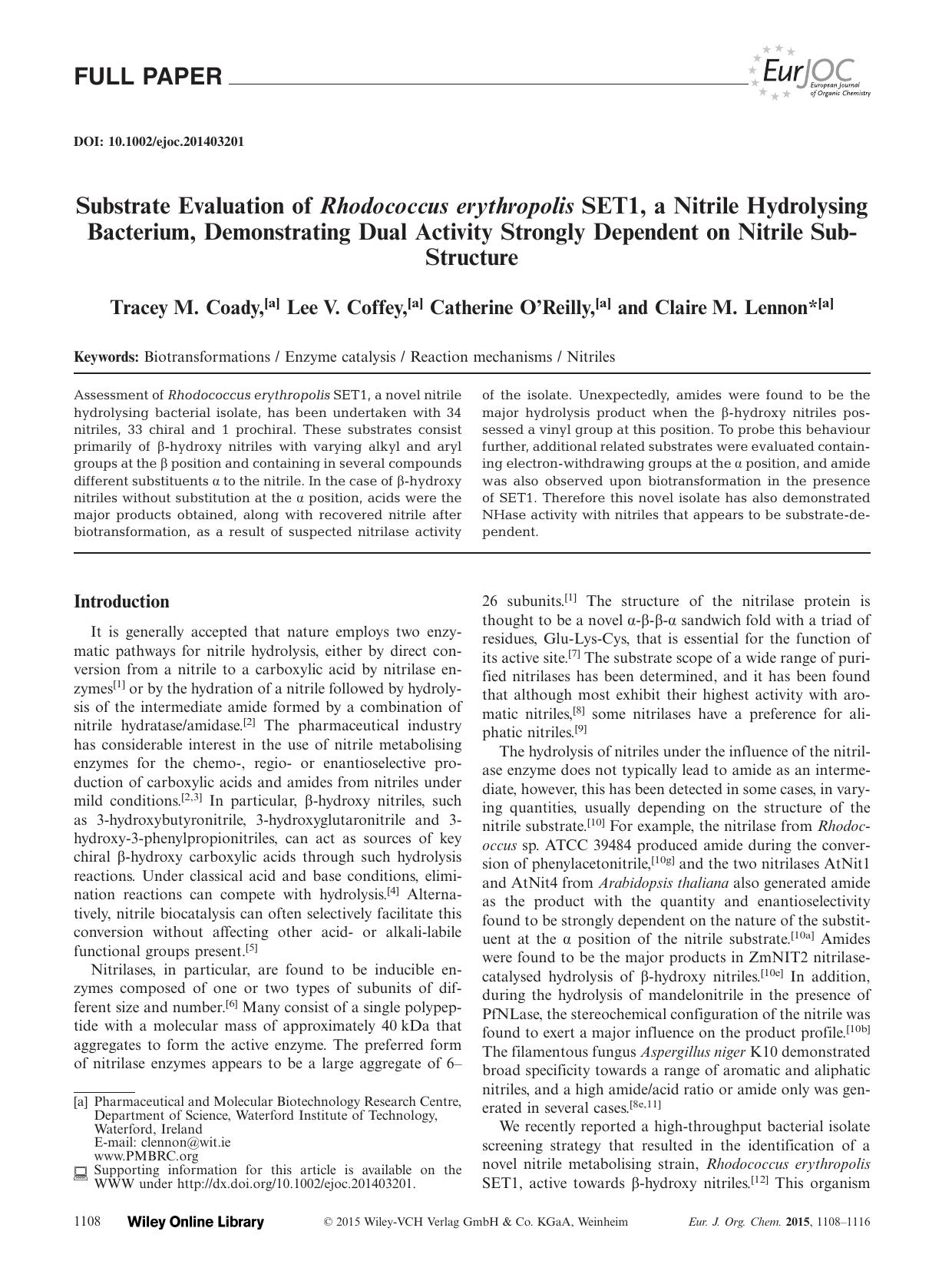 Substrate Evaluation of Rhodococcus erythropolis SET1, a Nitrile Hydrolysing Bacterium, Demonstrating Dual Activity Strongly Dependent on Nitrile SubStructure by Unknown