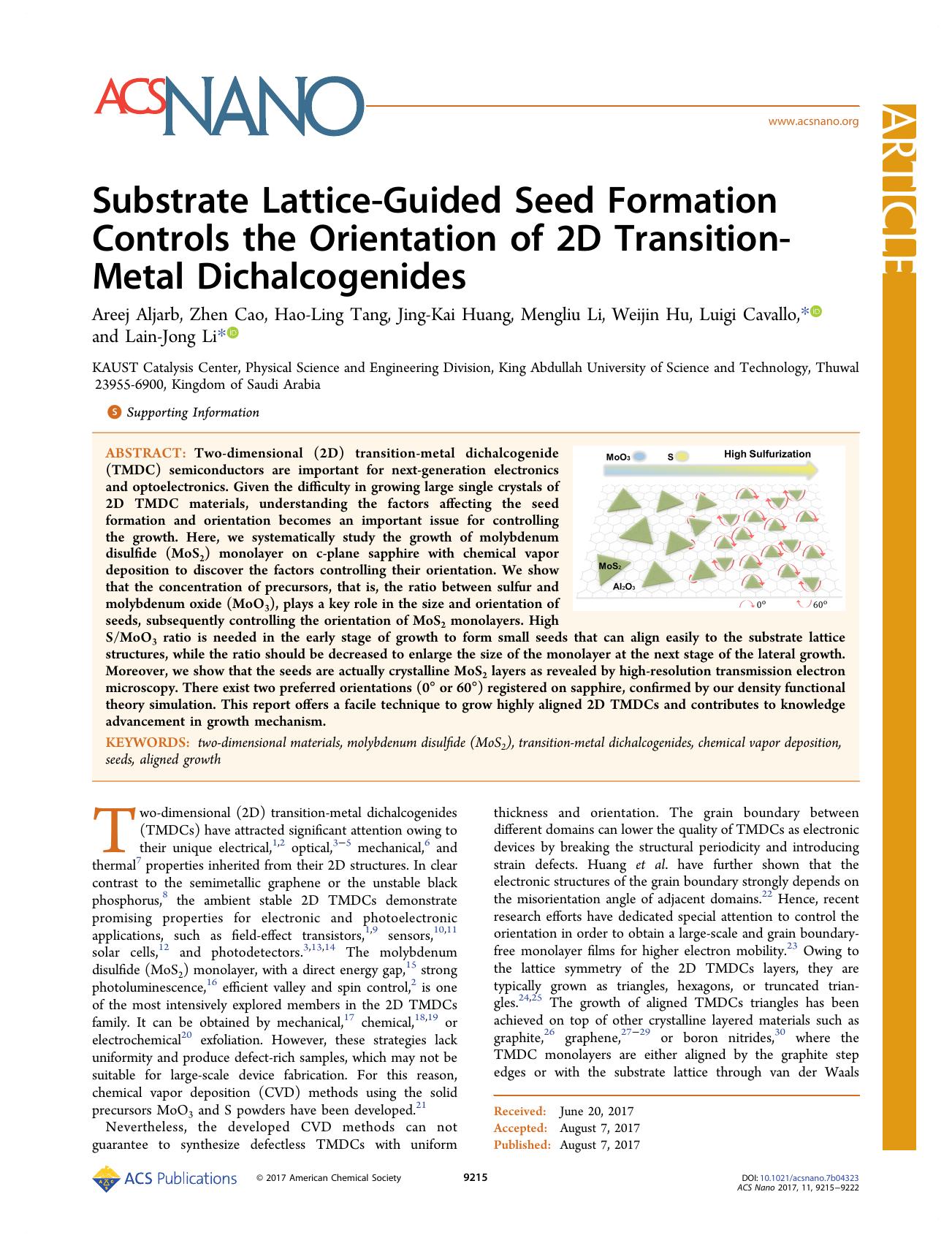 Substrate Lattice-Guided Seed Formation Controls the Orientation of 2D Transition-Metal Dichalcogenides by unknow