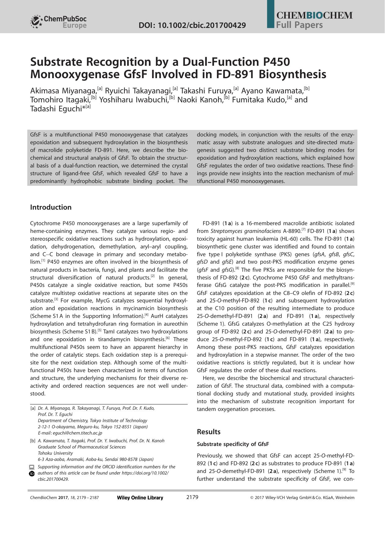 Substrate Recognition by a DualâFunction P450 Monooxygenase GfsF Involved in FDâ891 Biosynthesis by Unknown