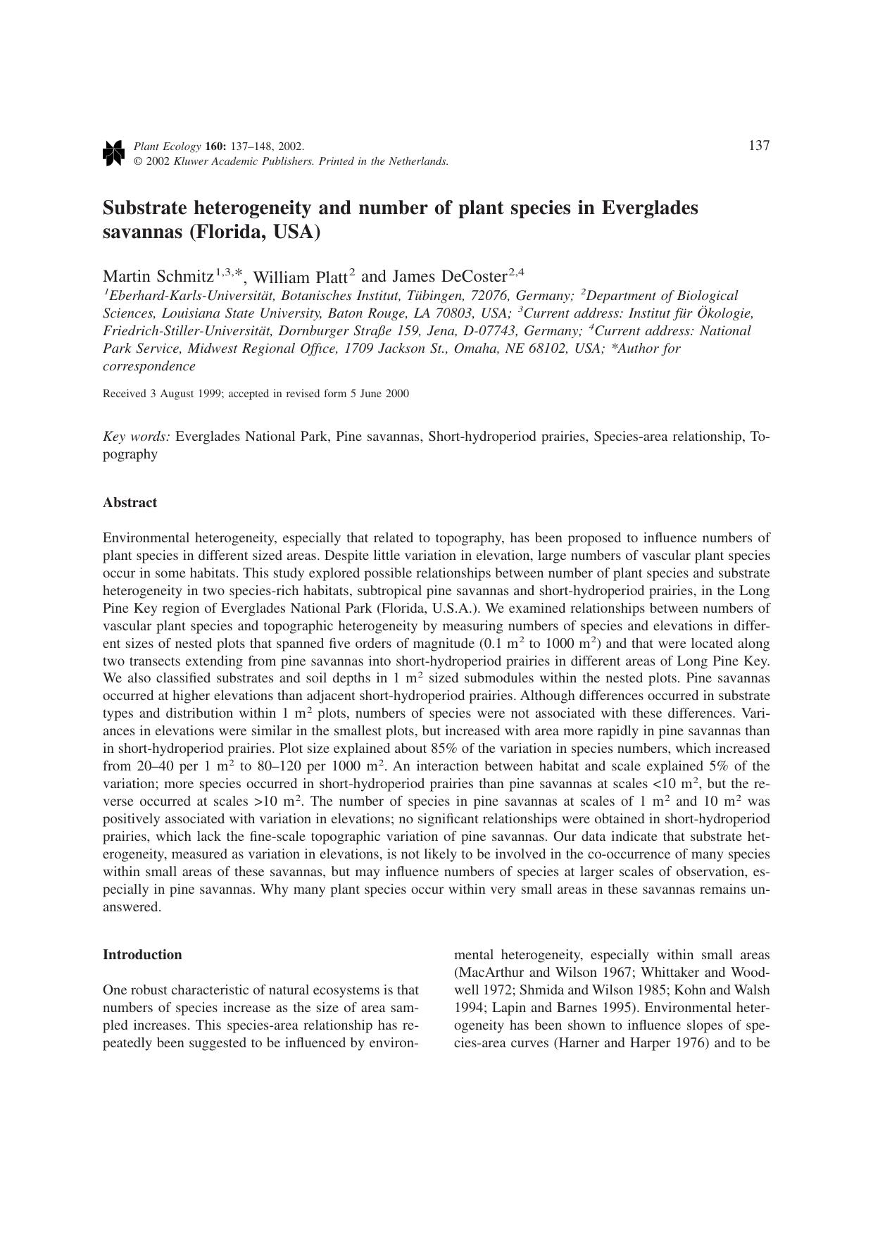 Substrate heterogeneity and number of plant species in Everglades savannas (Florida, USA) by Unknown