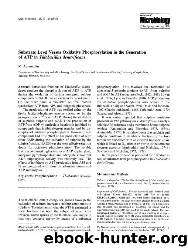 Substrate level versus oxidative phosphorylation in the generation of ATP in <Emphasis Type="Italic">Thiobacillus denitrificans<Emphasis> by Unknown