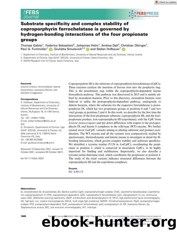Substrate specificity and complex stability of coproporphyrin ferrochelatase is governed by hydrogenâbonding interactions of the four propionate groups by Unknown