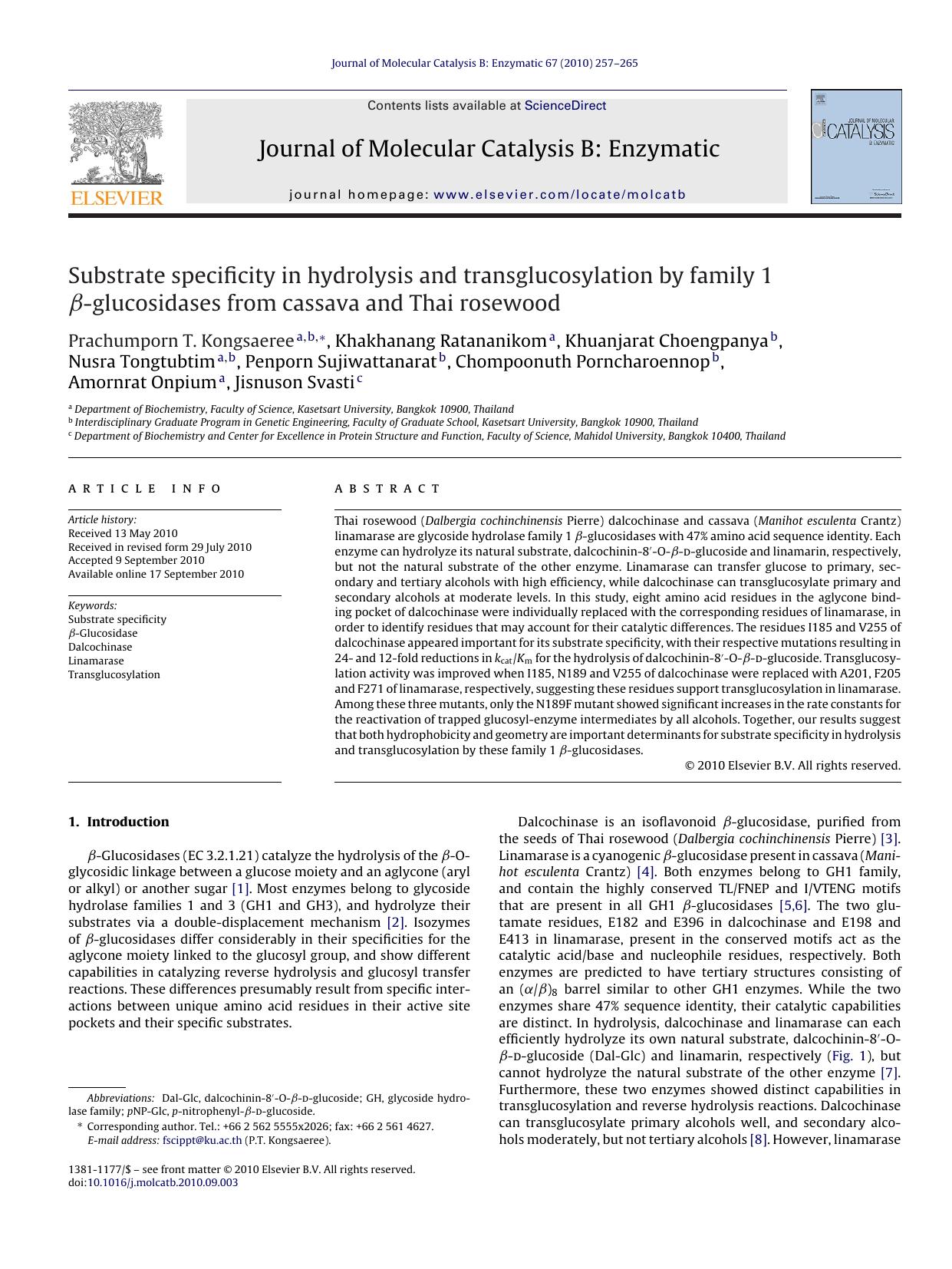 Substrate specificity in hydrolysis and transglucosylation by family 1 ÃÂ²-glucosidases from cassava and Thai rosewood by Prachumporn T. Kongsaeree