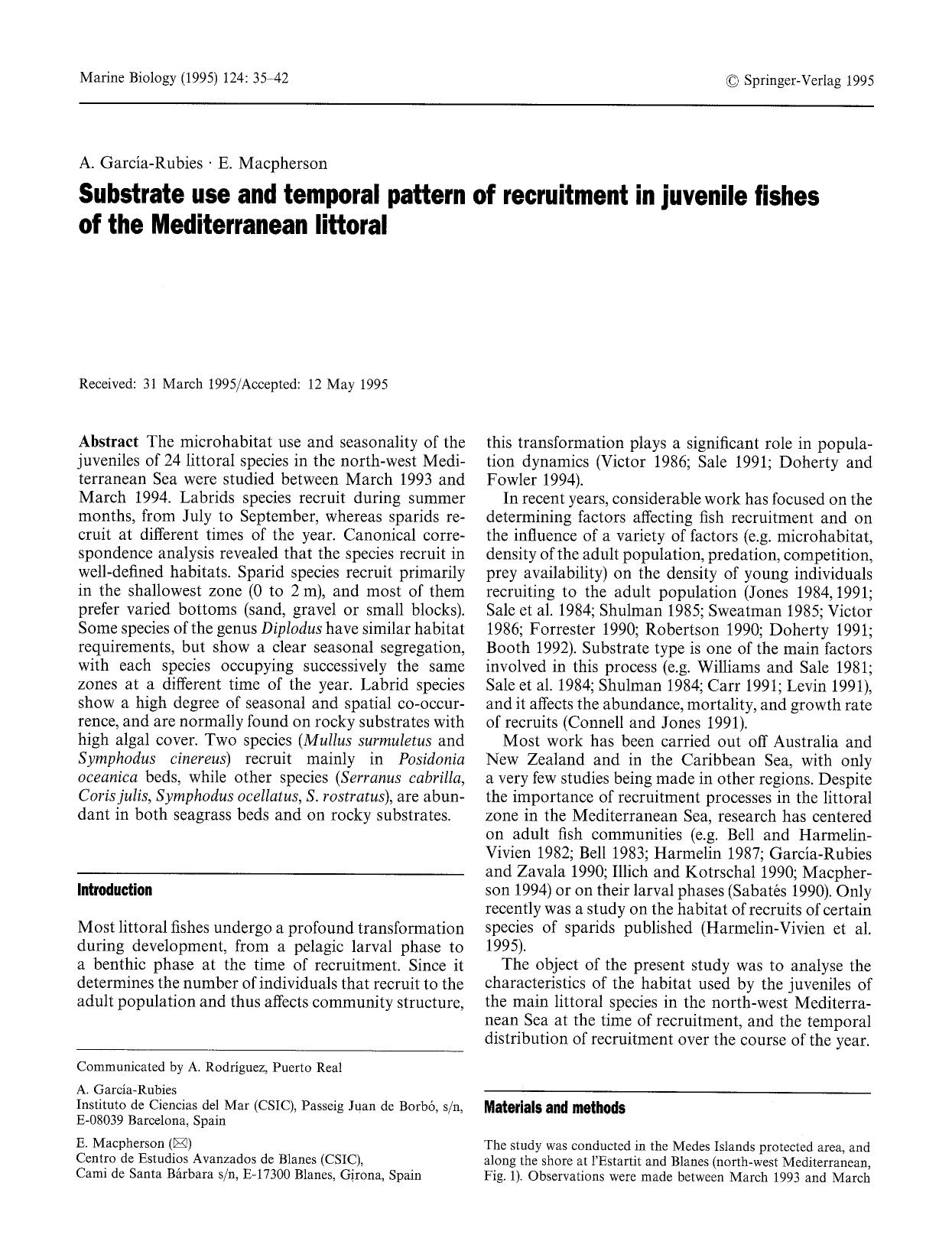 Substrate use and temporal pattern of recruitment in juvenile fishes of the Mediterranean littoral by Unknown