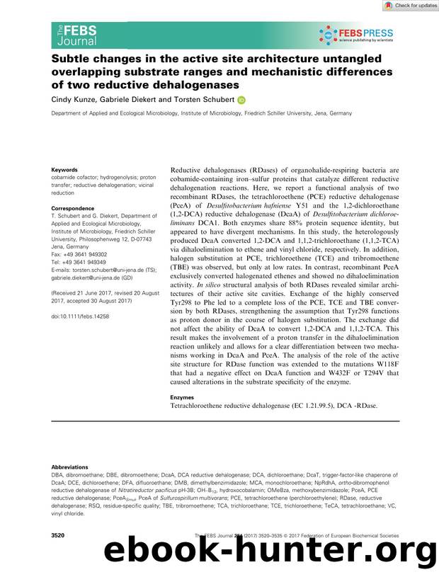 Subtle changes in the active site architecture untangled overlapping substrate ranges and mechanistic differences of two reductive dehalogenases by Unknown