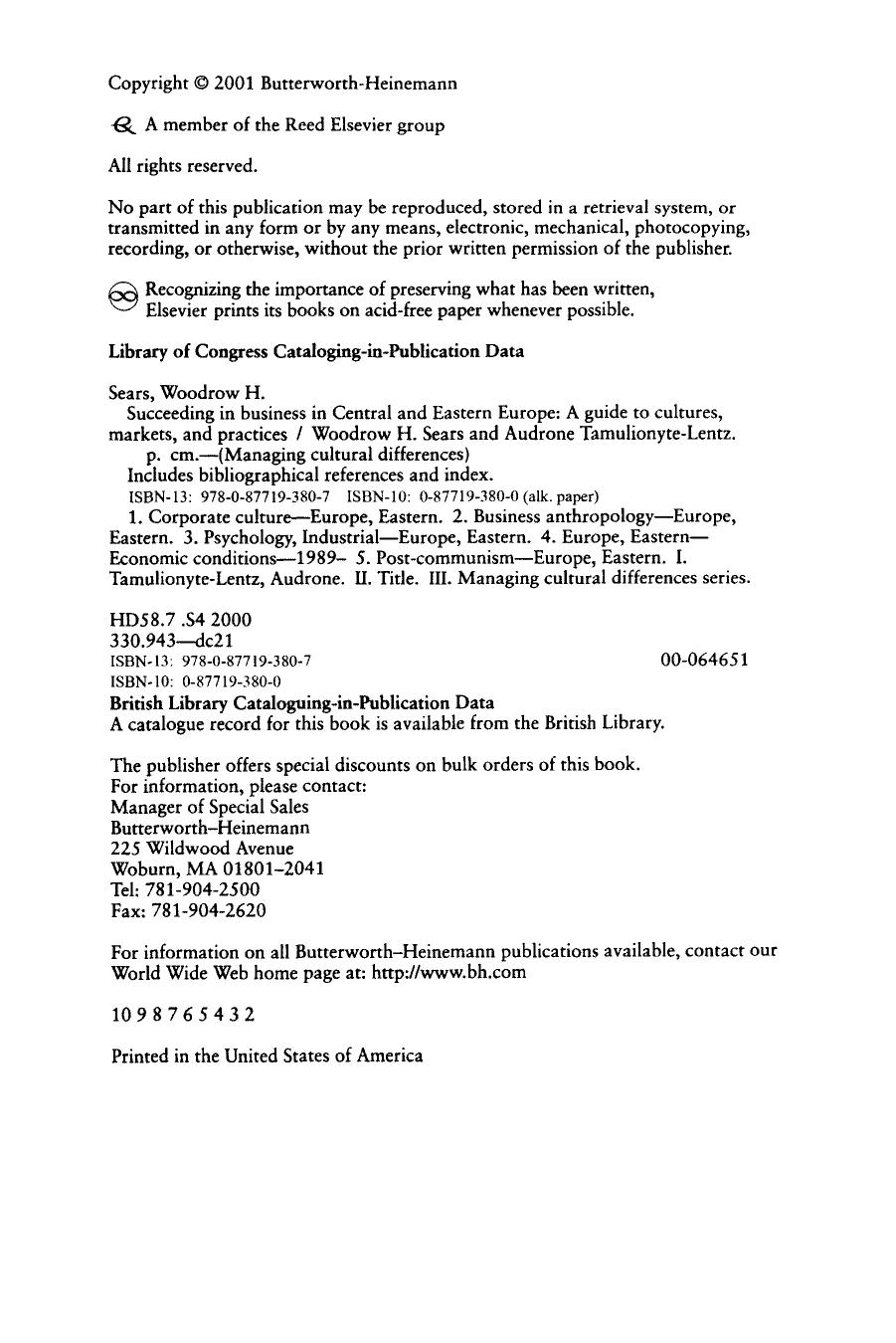 Succeeding in Business in Central and Eastern Europe: A Guide to Cultures, Markets, and Practices (Managing Cultural Differences) by Woodrow H. Sears Audrone Tamulionyte-Lentz