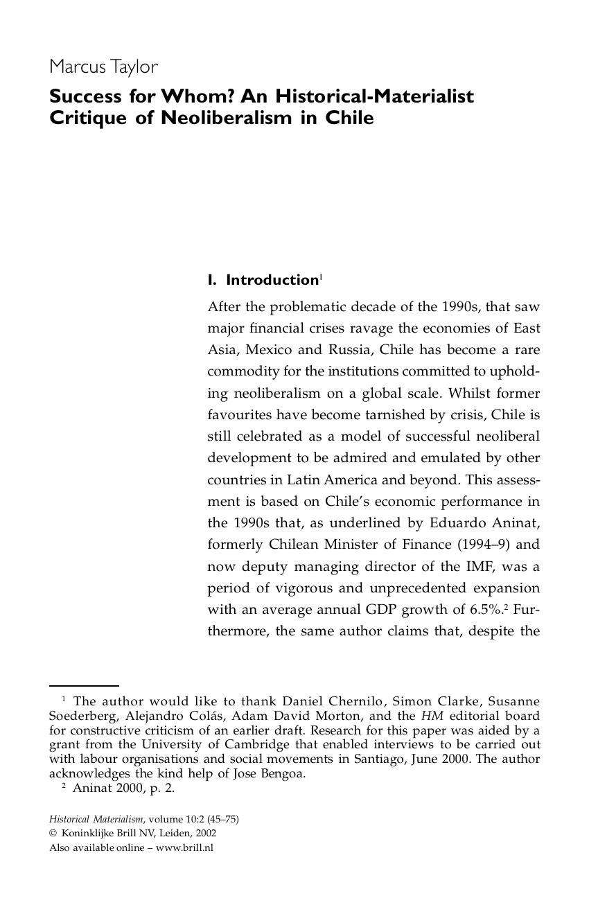 Success for Whom? An Historical-Materialist Critique of Neoliberalism in Chile by Success for Whom An Historical-Materialist Critique of Neoliberalism in Chile