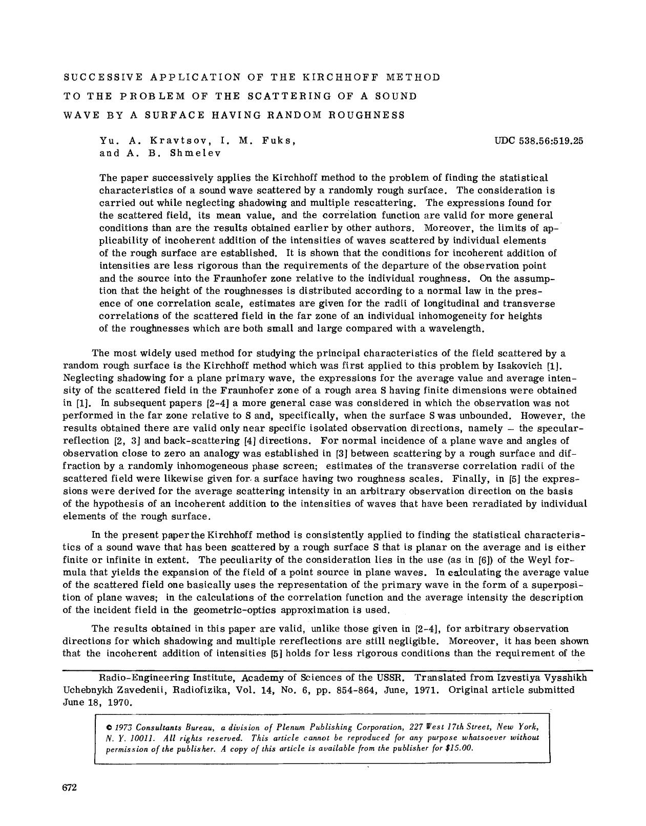 Successive application of the Kirchhoff method to the problem of the scattering of a sound wave by a surface having random roughness by Unknown