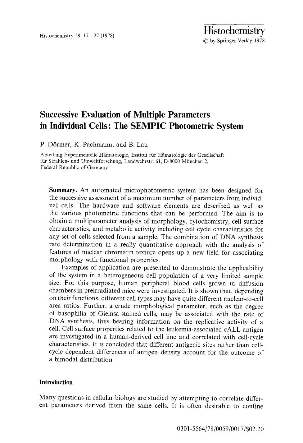 Successive evaluation of multiple parameters in individual cells: The SEMPIC photometric system by Unknown