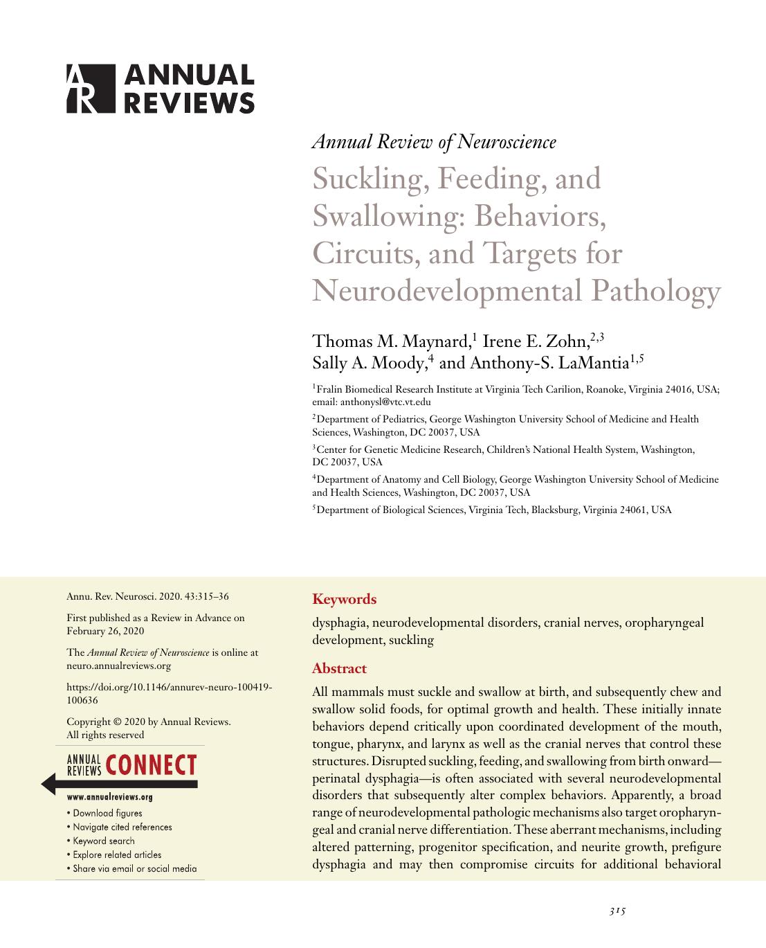 Suckling, Feeding, and Swallowing: Behaviors, Circuits, and Targets for Neurodevelopmental Pathology by Thomas M. Maynard Irene E. Zohn Sally A. Moody Anthony-S. LaMantia