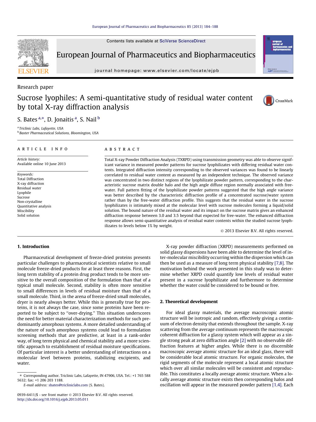 Sucrose lyophiles: A semi-quantitative study of residual water content by total X-ray diffraction analysis by S. Bates & D. Jonaitis & S. Nail