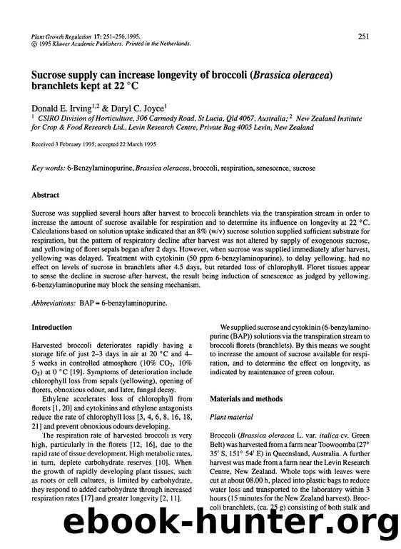 Sucrose supply can increase longevity of broccoli ( <Emphasis Type="Italic">Brassica oleracea <Emphasis>) branchlets kept at 22&#x00B0;C by Unknown