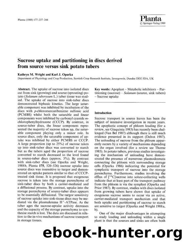 Sucrose uptake and partitioning in discs derived from source versus sink potato tubers by Unknown