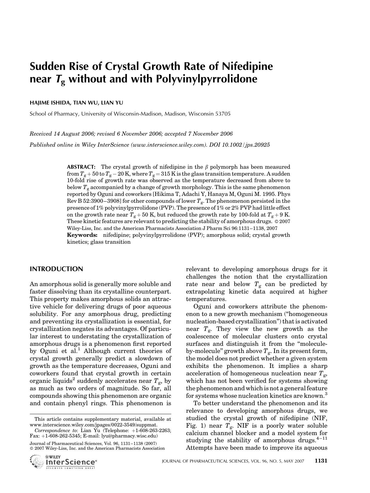 Sudden rise of crystal growth rate of nifedipine near Tg without and with polyvinylpyrrolidone by Unknown