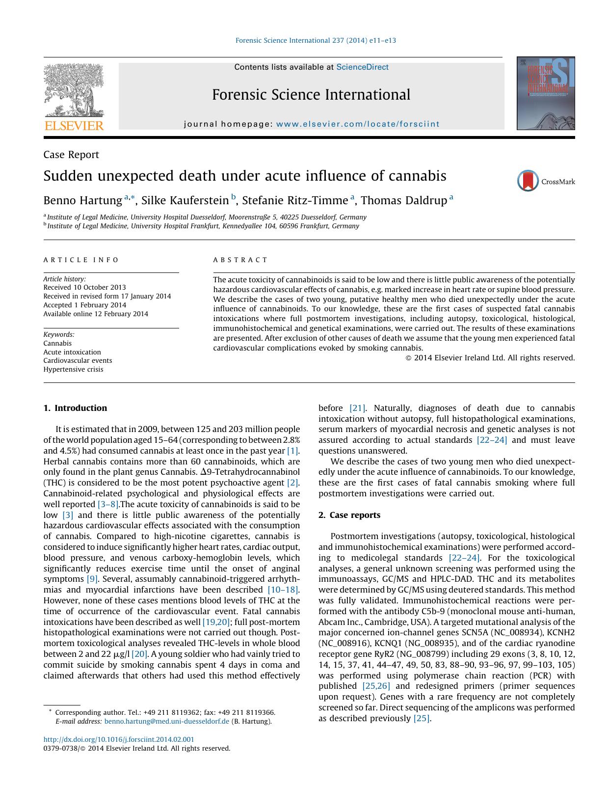 Sudden unexpected death under acute influence of cannabis by Benno Hartung & Silke Kauferstein & Stefanie Ritz-Timme & Thomas Daldrup