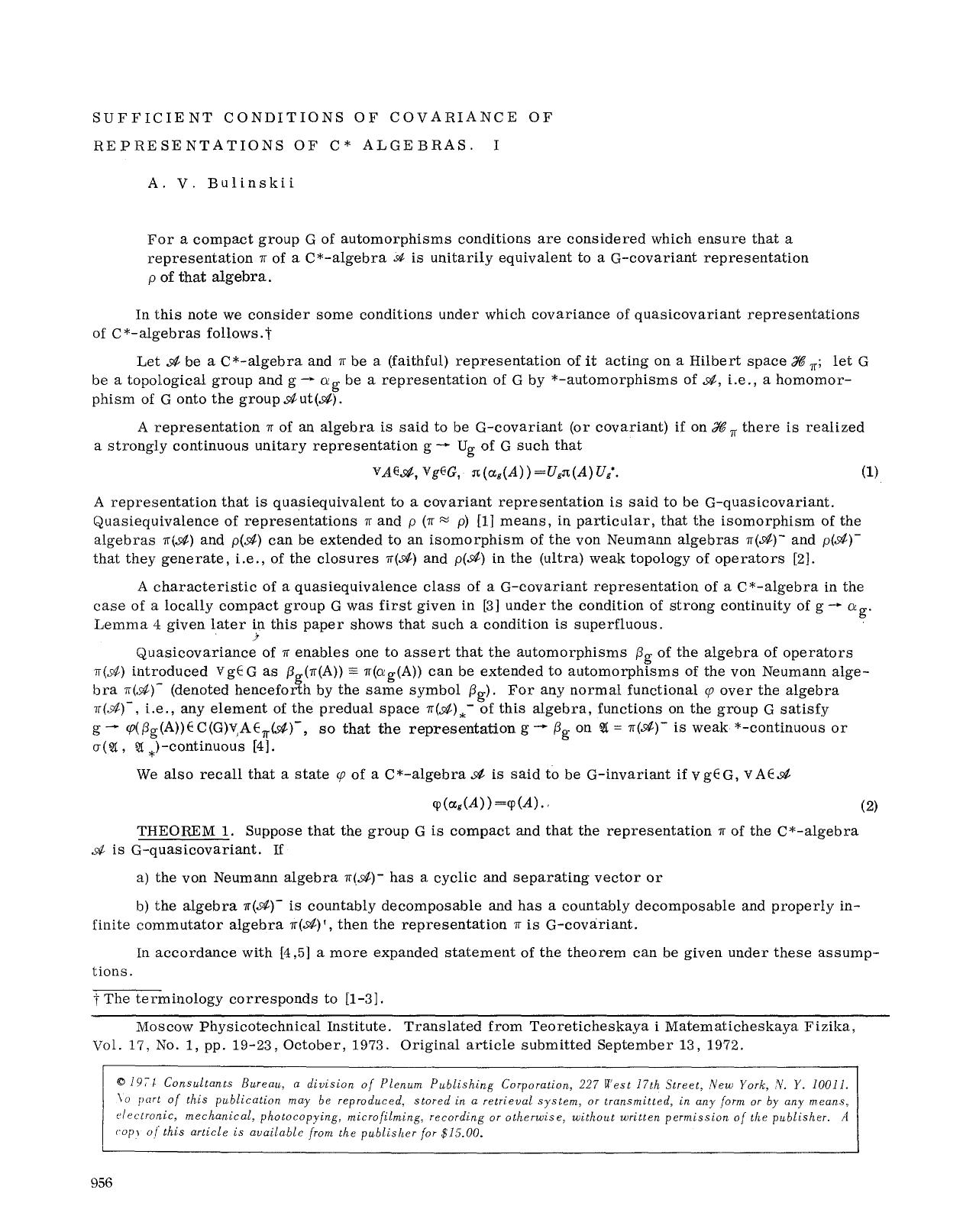 Sufficient conditions of covariance of representations of C <Superscript>&#x002A; <Superscript> algebras. I by Unknown