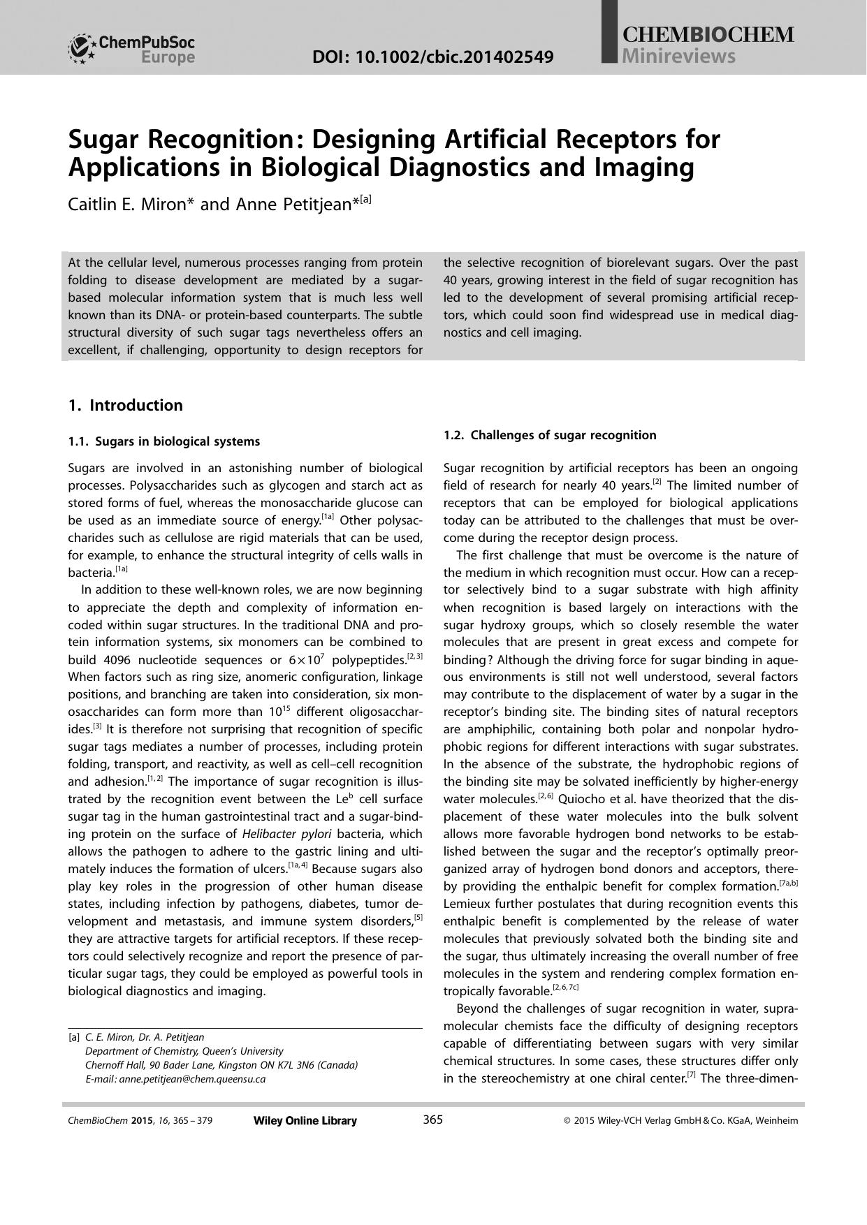 Sugar Recognition: Designing Artificial Receptors for Applications in Biological Diagnostics and Imaging by Unknown