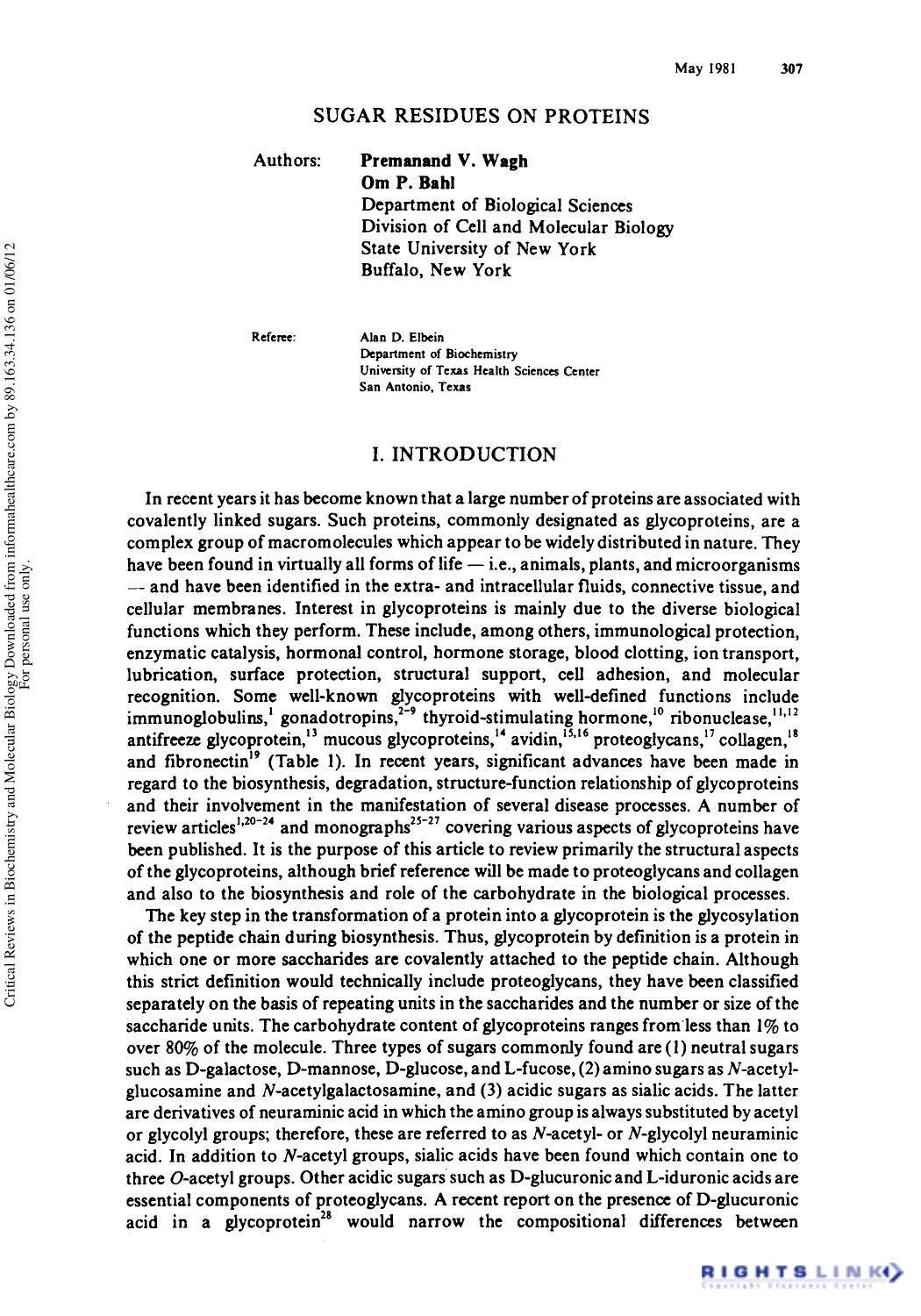Sugar Residues on Protein by Premanand V. Wagh Om P. Bahl & Alan D. Elbein