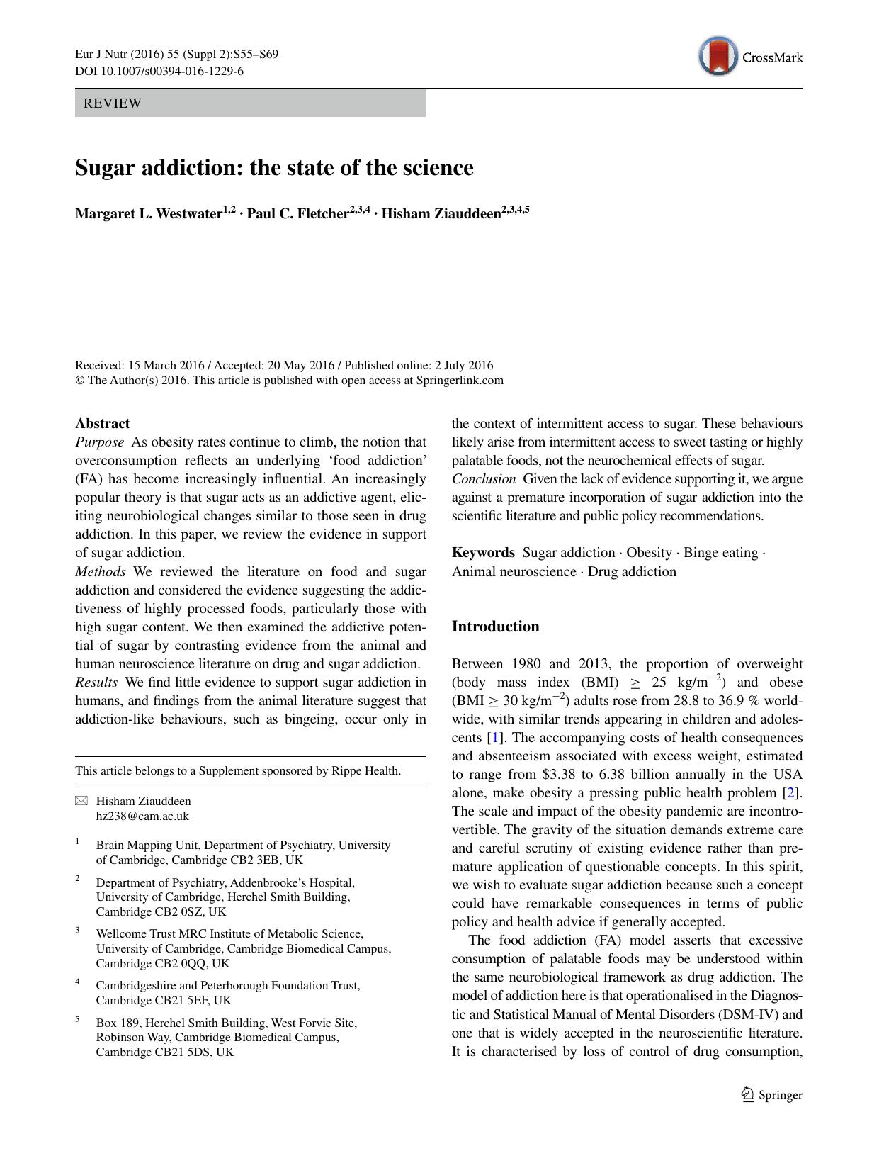 Sugar addiction: the state of the science by Margaret L. Westwater & Paul C. Fletcher & Hisham Ziauddeen
