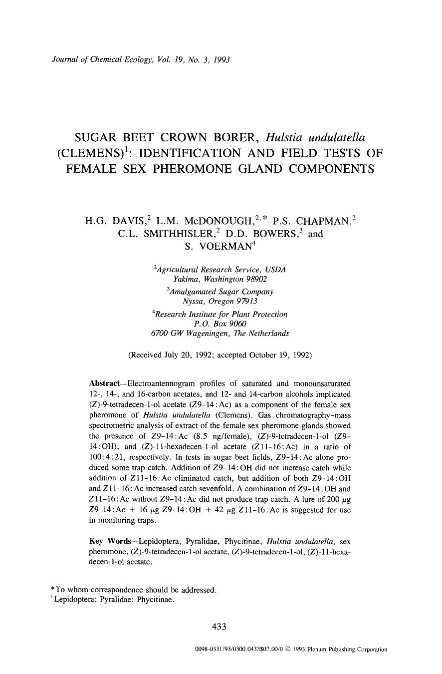 Sugar beet crown borer, <Emphasis Type="Italic">Hulstia undulatella <Emphasis> (Clemens) 1: Identification and field tests of female sex pheromone gland components by Unknown