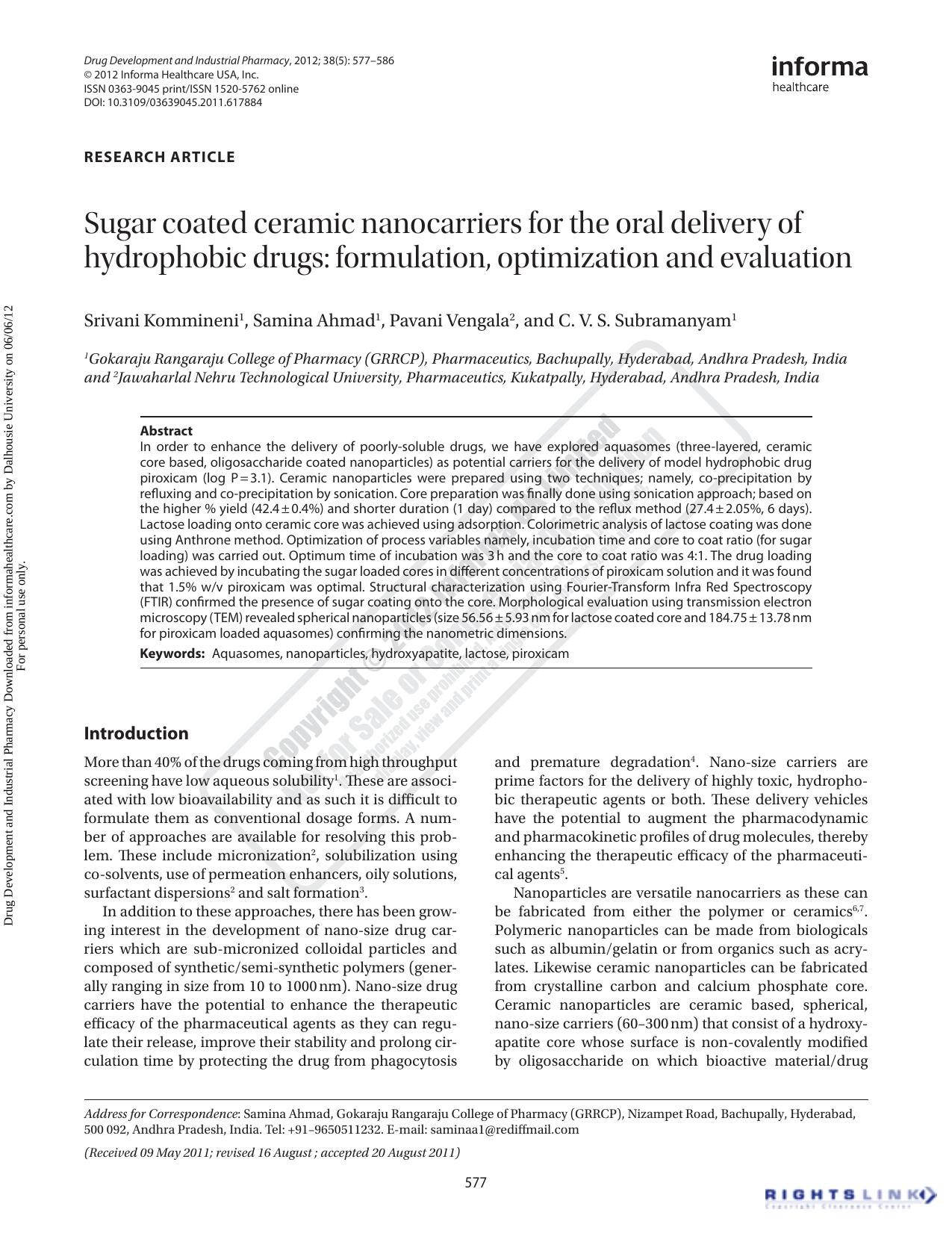 Sugar coated ceramic nanocarriers for the oral delivery of hydrophobic drugs: formulation, optimization and evaluation by Srivani Kommineni Samina Ahmad Pavani Vengala & C.V.S. Subramanyam