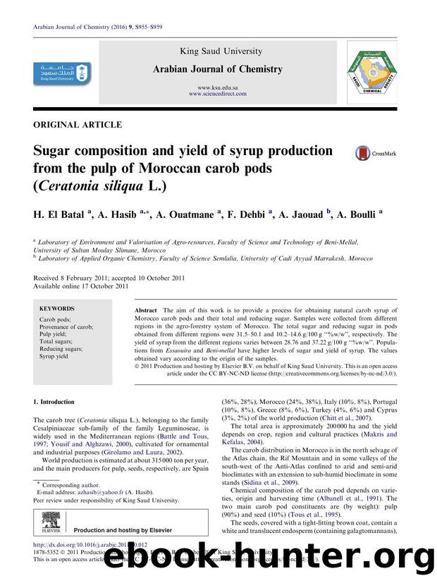 Sugar composition and yield of syrup production from the pulp of Moroccan carob pods (Ceratonia siliqua L.) by H. El Batal & A. Hasib & A. Ouatmane & F. Dehbi & A. Jaouad & A. Boulli