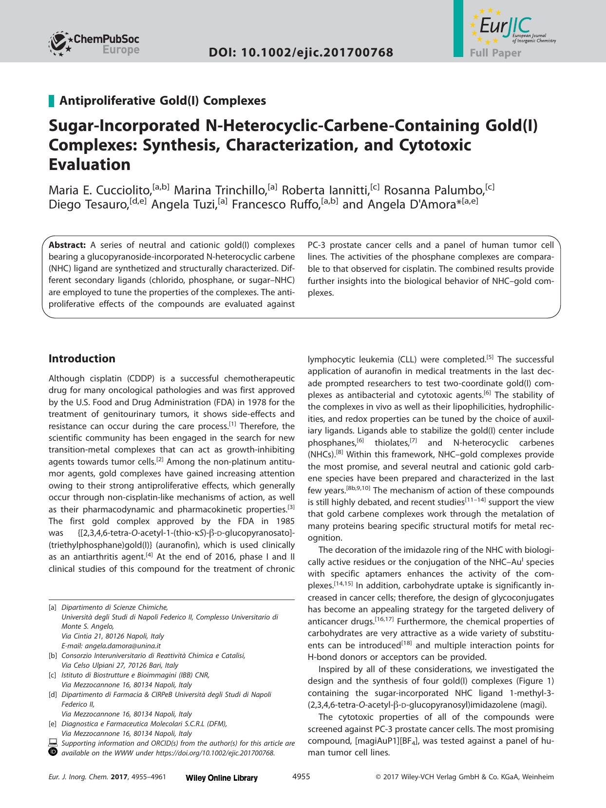 Sugar‐Incorporated N‐Heterocyclic‐Carbene‐Containing Gold(I) Complexes: Synthesis, Characterization, and Cytotoxic Evaluation by Unknown