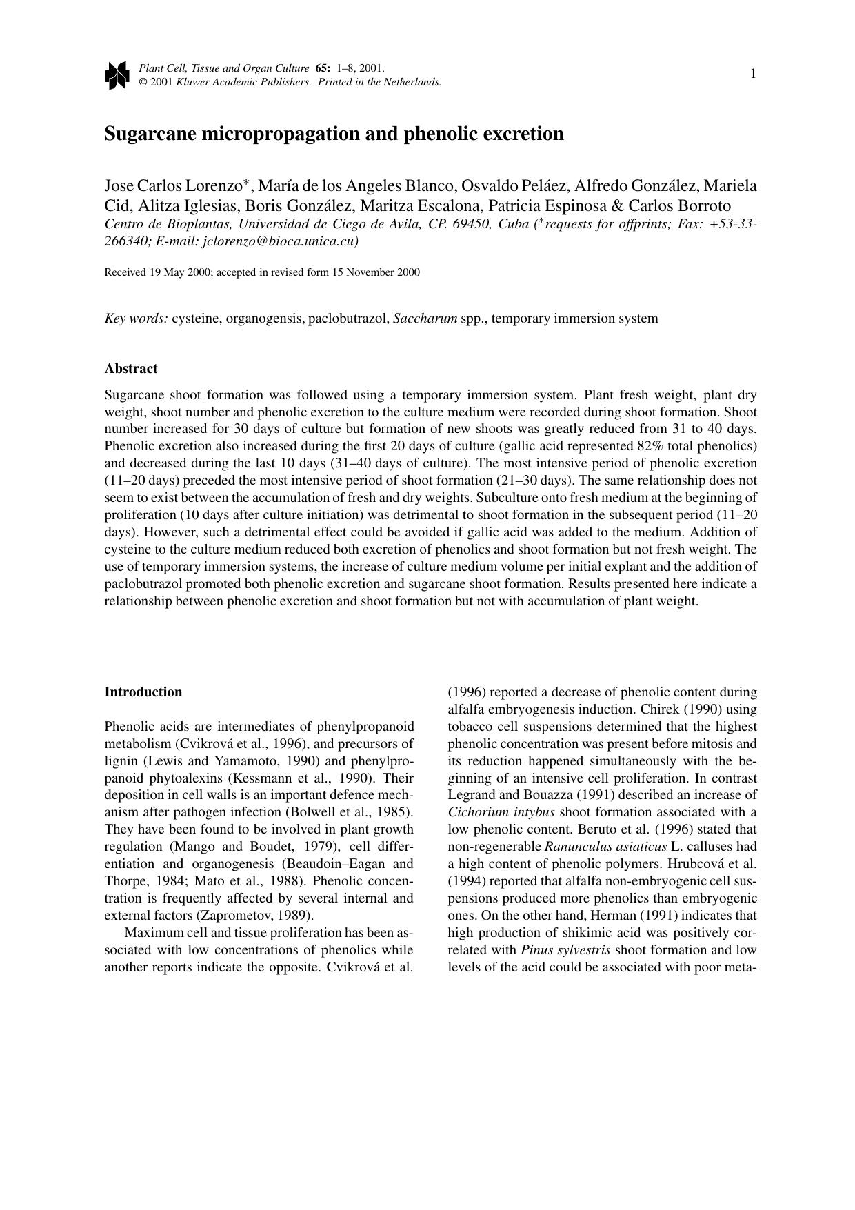 Sugarcane micropropagation and phenolic excretion by Unknown