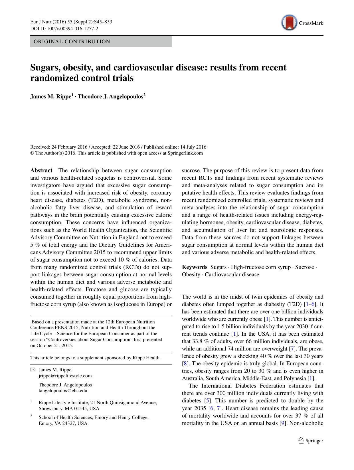 Sugars, obesity, and cardiovascular disease: results from recent randomized control trials by James M. Rippe & Theodore J. Angelopoulos