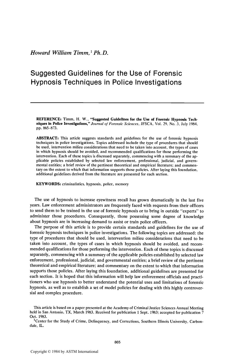 Suggested Guidelines for the Use of Forensic Hypnosis Techniques in Police Investigations by Timm HW