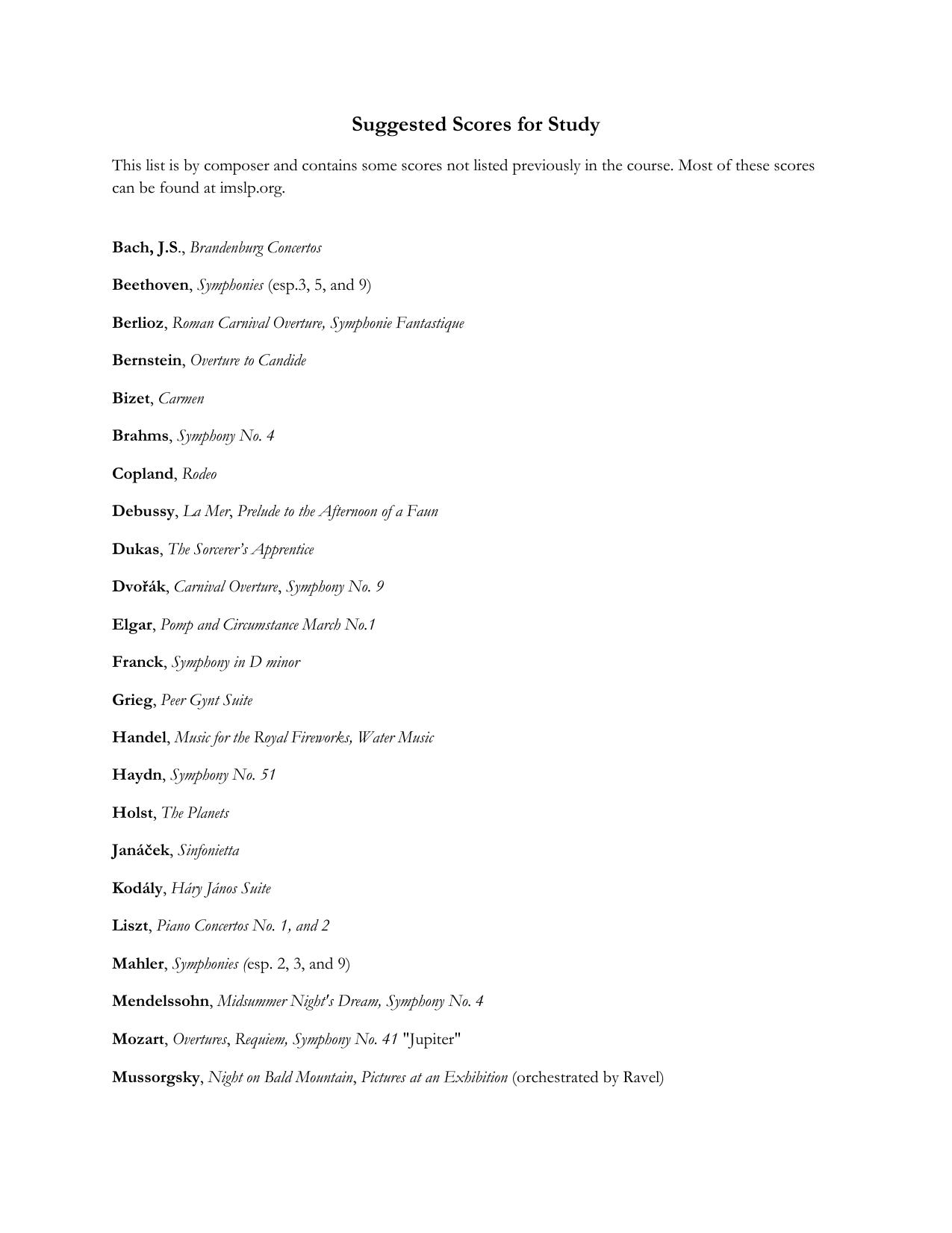 Suggested Scores for Study by Jonathan
