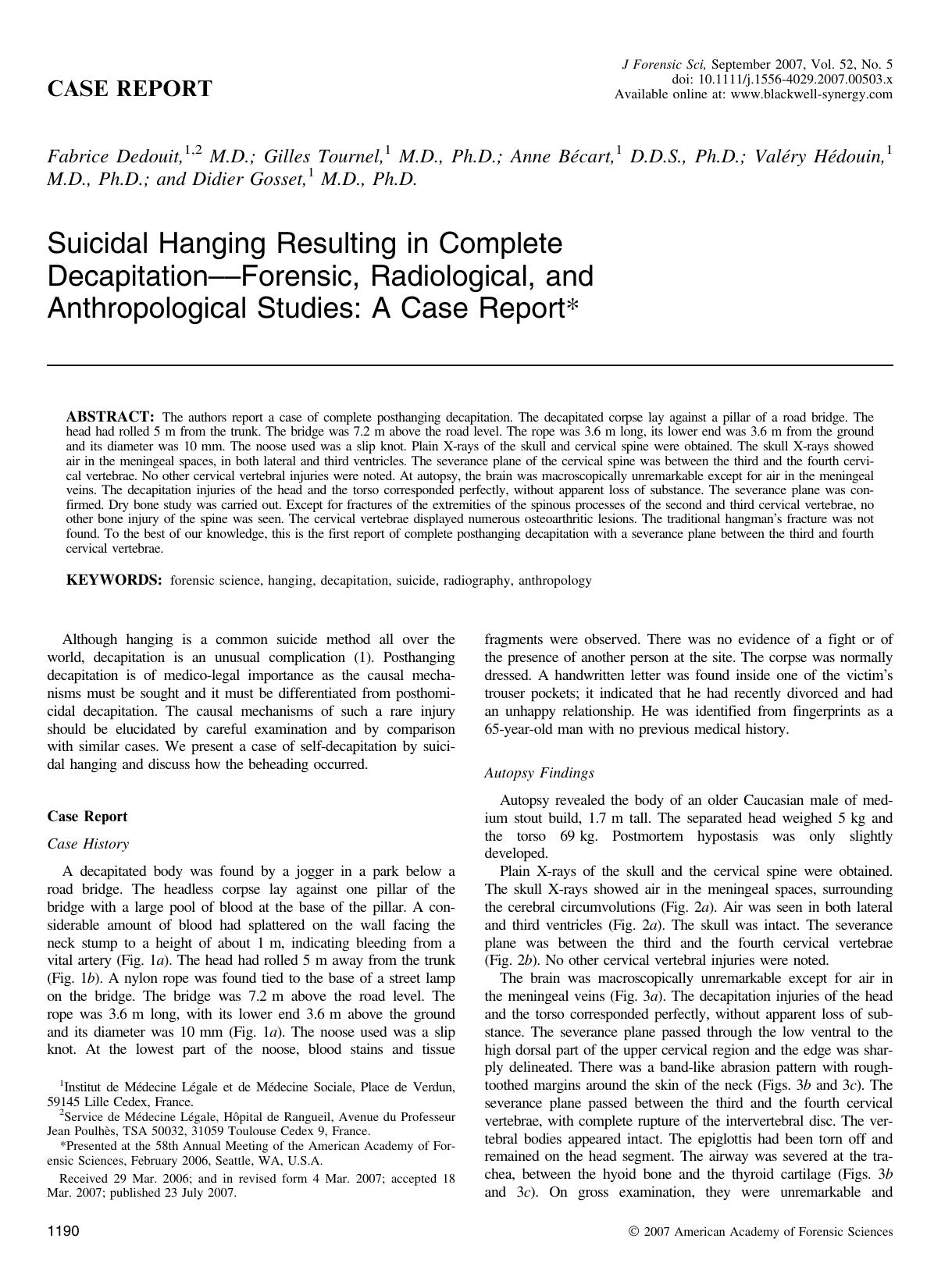 Suicidal Hanging Resulting in Complete DecapitationââForensic, Radiological, and Anthropological Studies: A Case Report* by Unknown