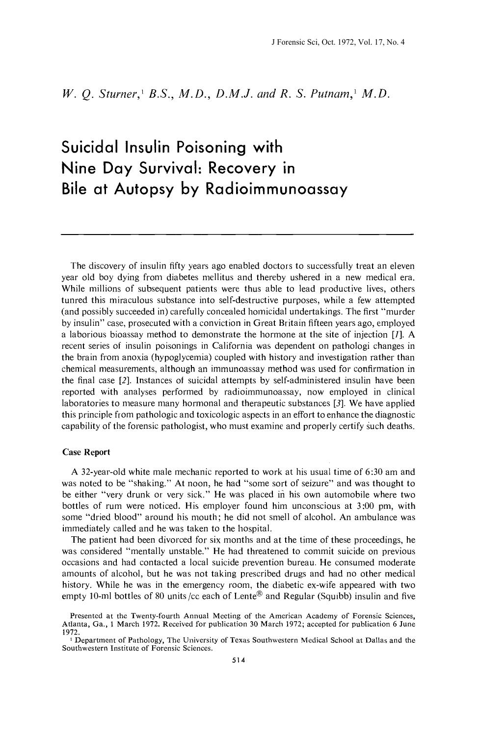 Suicidal Insulin Poisoning with Nine Day Survival: Recovery in Bile at Autopsy by Radioimmunoassay by Sturner WQ Putnam RS